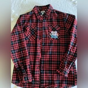 Bud Light Seltzer Mens Flannel Shirt Size XL Red Black Plaid Long Sleeve